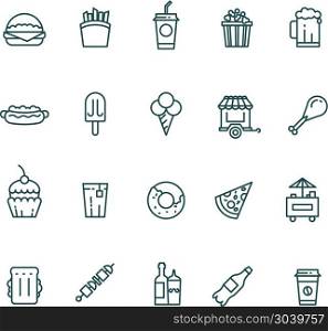Fast food and snack thin line vector icons set. Fast food and snack thin line vector icons set. Pizza and hamburger, coffee with sandwich, and hot dog illustration