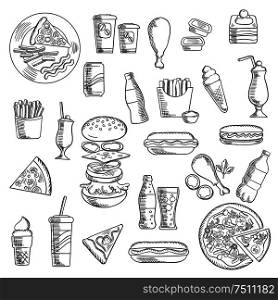 Fast food and takeaway icons of pizza, burger, hot dogs, french fries with sausage and sauce cups, fried chicken legs, cups of coffee, soda, ice cream cones, cakes and milk cocktails. Sketch vector. Fast food snacks and takeaway drinks