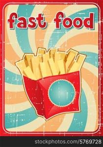 Fast food background with french fries in retro style.