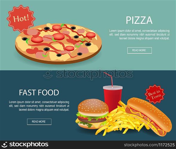 Fast Food banner set. Website header for restaurant. Fast food and pizza concept banner.Fast Food banner set