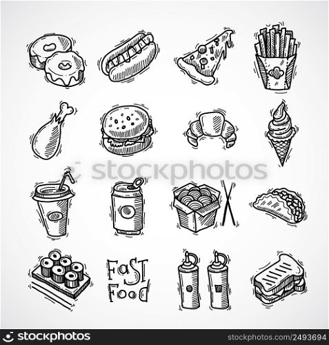 Fast food black sketch decorative icons set with donut hotdog pizza and french fries isolated vector illustration