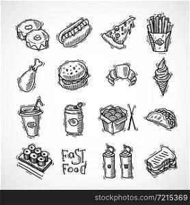 Fast food black sketch decorative icons set with donut hotdog pizza and french fries isolated vector illustration