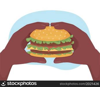 Fast food burger 2D vector isolated illustration. Tasty hamburger. Holding sandwich for eating flat first view hand on cartoon background. Junk snacks with calories colourful scene. Fast food burger 2D vector isolated illustration