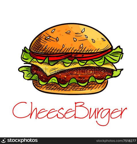 Fast food burger sketch. Takeaway cheeseburger with grilled beef, swiss cheese, tomato vegetable on wheat bun with fresh lettuce. Fast food cafe sandwich menu design. Fast food cheeseburger sketch for cafe menu design