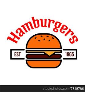 Fast food burgers badge with thin line cheeseburger on sesame bun with swiss cheese topped by header Hamburgers. Fast food cafe signboard or takeaway food packaging design. Fast food hamburgers icon with linear cheeseburger
