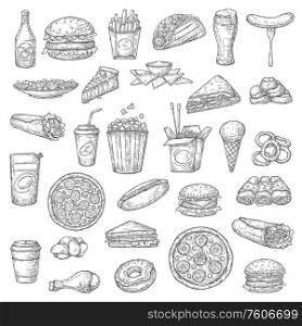 Fast food burgers, drinks and desserts vector sketch icons. Pizza and hamburger sandwich, chicken wings, nuggets and hot dog, burrito and tacos, french fries and noodles, ice cream and popcorn. Fast food burgers, drinks and desserts