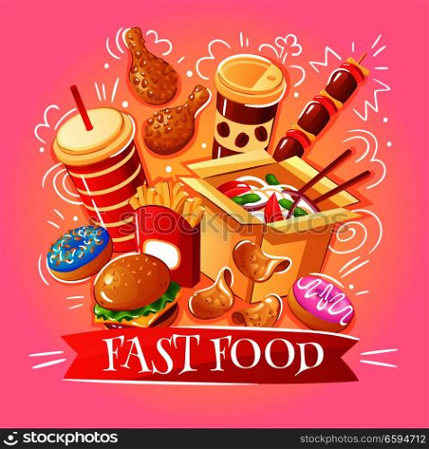 Fast food burgers noodles chicken chips desserts drinks on pink background flat vector illustration. Fast Food Illustration