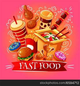 Fast food burgers noodles chicken chips desserts drinks on pink background flat vector illustration. Fast Food Illustration
