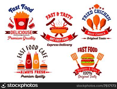 Fast food cafe and grill restaurant icons with bright cartoon burgers, takeaway french fries with sauce cups, grilled hot dog and fried chicken legs with ketchup and mustard squeeze bottles, framed by ribbon banners, spatulas, chef hat and headers. Fast food cafe and grill restaurant retro badges