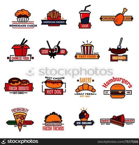 Fast food cafe, bakery shop and sushi bar thin line symbols with burger and hot dog, pizza and soda, french fries and grilled sausage, chicken leg and taco, sushi rolls and noodles, cakes and ice cream, donuts and popcorn. Fast food, bakery and sushi bar thin line icons