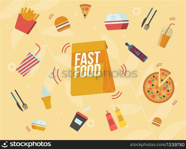 Fast Food Cafe Banner, Street Food Restaurant Meals and Drinks Menu Banner, Poster. Cafeteria Paper Packet, French Fries Portion, Sliced Pizza, Coffee, Cola and Juice Cup Flat Vector Illustration