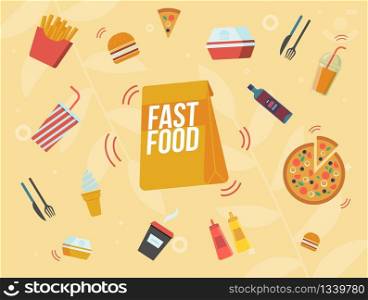Fast Food Cafe Banner, Street Food Restaurant Meals and Drinks Menu Banner, Poster. Cafeteria Paper Packet, French Fries Portion, Sliced Pizza, Coffee, Cola and Juice Cup Flat Vector Illustration