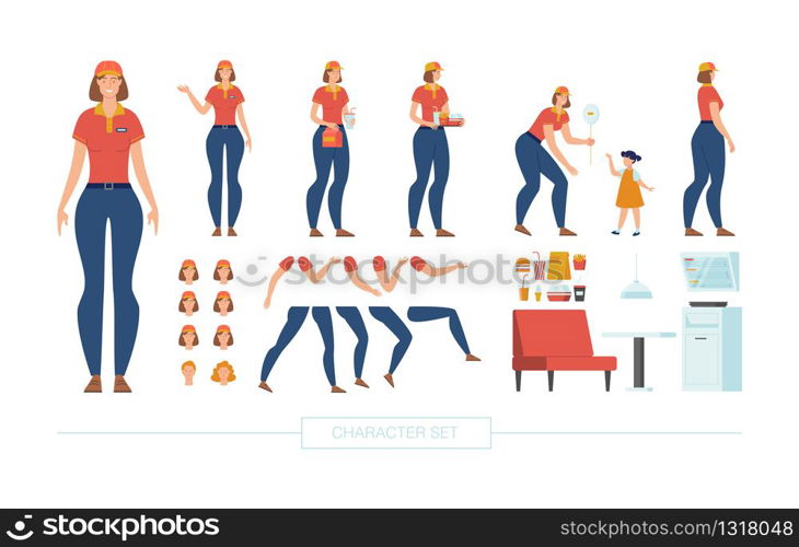 Fast Food Cafe Counter Server in Uniform Character Constructor Isolated, Trendy Flat Design Elements Set. Cafeteria Female Cashier Various Poses, Body Parts, Emotions, Food and Furniture Illustration