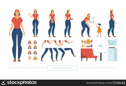 Fast Food Cafe Counter Server in Uniform Character Constructor Isolated, Trendy Flat Design Elements Set. Cafeteria Female Cashier Various Poses, Body Parts, Emotions, Food and Furniture Illustration