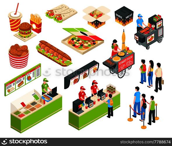 Fast food cart cafe restaurant isometric icons collection with pizza grilled sausages and delivery packages isolated vector illustration . Fast Food Isometric Icons Set