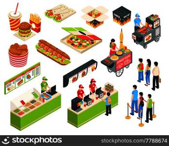 Fast food cart cafe restaurant isometric icons collection with pizza grilled sausages and delivery packages isolated vector illustration . Fast Food Isometric Icons Set