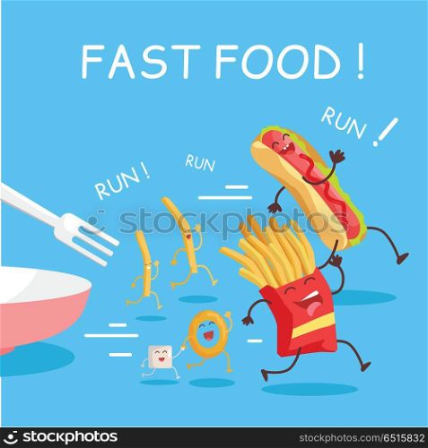 Fast Food Cartoon Characters Banner. Fast food cartoon characters banner. Happy fast food cartoon characters running away from fork. French fries and hot dog cartoon characters on blue background. Animated food in flat.