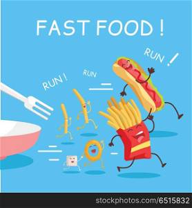 Fast Food Cartoon Characters Banner. Fast food cartoon characters banner. Happy fast food cartoon characters running away from fork. French fries and hot dog cartoon characters on blue background. Animated food in flat.