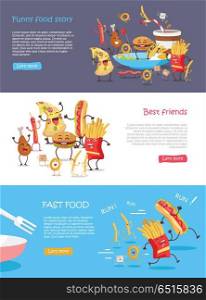 Fast Food Cartoon Characters Banner Set. Fast food cartoon characters banner set. Happy fast food cartoon characters runing, fun, rejoice and dance. French fries, hot dog, pizza, cola, hamburger, fried eggs, chicken leg and bacon characters