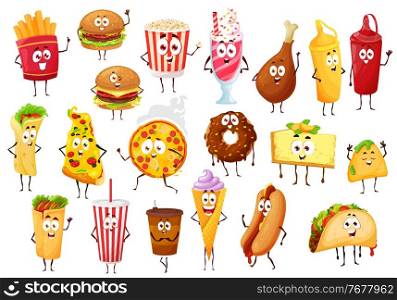 Fast food cartoon characters. Vector burgers, drinks and desserts. Pizza, hamburger and hot dog sandwich, french fries and coffee, donut and popcorn, soda, chicken leg and burrito, tacos and nachos. Fast food cartoon characters. Burgers and drinks
