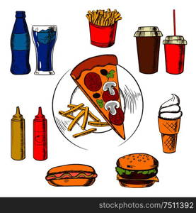 Fast food central plate of pizza and french fries surrounded by a cheeseburger, coffee, soda, french fries, hot dog, ice cream cone and condiments. Vector illustration. Fast food snacks, dessert and beverages