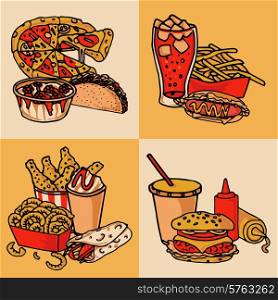 Fast food chain menu 4 flat icons composition of taco hotdog and hamburger abstract isolated vector illustration