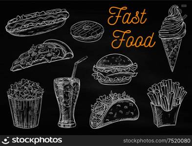Fast food chalk sketch icons on blackboard. Snacks, desserts, drinks. Isolated vector french fries in box, pizza slice, soda coke, cheeseburger, hamburger, hot dog, ice cream, popcorn, tacos donut. Fast food snacks and drinks chalk sketch icons