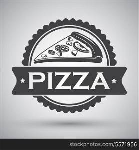 Fast food cheese tomatoes salami pepper pizza slice emblem vector illustration