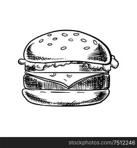 Fast food cheeseburger with grilled beef, slice of swiss cheese, fresh tomato and lettuce leaf on white wheat bun with sesame seeds isolated on white background. Sketch image. Cheeseburger with beef, vegetables and cheese