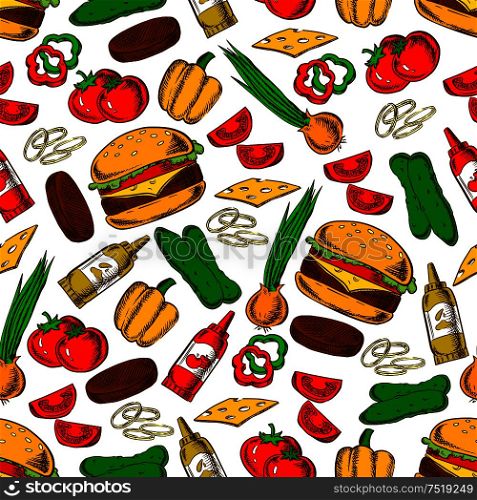 Fast food cheeseburger with ingredients seamless pattern of burger, cheese, beef patty, fresh tomato, pepper, onion and cucumber vegetables, ketchup and mustard sauces. Fast food burger with ingredients seamless pattern