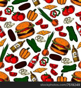 Fast food cheeseburger with ingredients seamless pattern of burger, cheese, beef patty, fresh tomato, pepper, onion and cucumber vegetables, ketchup and mustard sauces. Fast food burger with ingredients seamless pattern