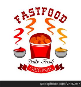 Fast food chicken nuggets emblem. Vector icon of daily fresh hot snack with ketchup and mustard in paper box with red ribbon and text. Fast food chicken nuggets emblem
