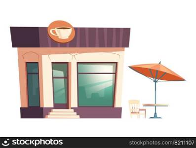 Fast food coffee restaurant building cartoon vector illustration. Facade of food shop and cafe or bistro with signboard of coffee cup, street table with chair under umbrella, isolated on white. Fast food coffee restaurant, street table umbrella