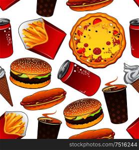 Fast food colorful cartoon background design with seamless pattern of italian american pepperoni pizza, cheeseburger, hot dog, french fries, red cans of sweet soda, cups of coffee and ice cream cones. Fast food and drinks seamless pattern
