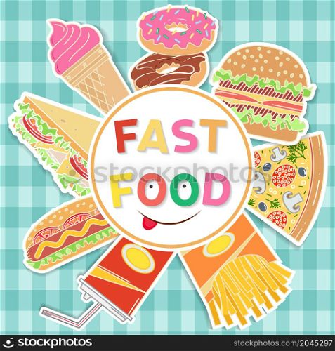 Fast food colorful flat design. Elements on the theme of the restaurant business card, banner, template. Ice cream, hot dog, french fries, soda cup, pizza slice, burger, sandwich and donut. Vector illustration.. Fast food colorful flat design.