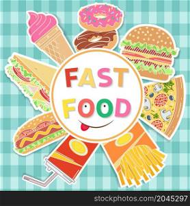 Fast food colorful flat design. Elements on the theme of the restaurant business card, banner, template. Ice cream, hot dog, french fries, soda cup, pizza slice, burger, sandwich and donut. Vector illustration.. Fast food colorful flat design.