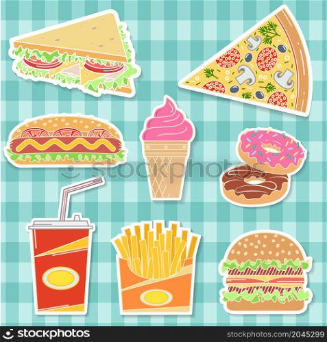 Fast food colorful flat design icons set. Elements on the theme of the restaurant business. Ice cream, hot dog, french fries, soda cup, pizza slice, burger, sandwich and donut. Vector illustration.. Fast food colorful flat design icons set.