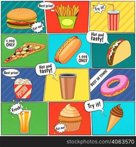 Fast food comic panels icons composition page with speech balloons and colorful backgrounds advertisement poster vector illustration . Fast Food Comic Panels Collection Poster
