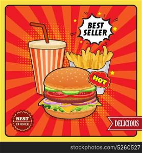 Fast Food Comic Style Poster . Fast food comic style poster with burger drink fries potato on red pop art background vector illustration