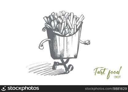 Fast food concept. Hand drawn french fries in a paper wrapper with hands and legs. Fried potatoes isolated vector illustration.. Fast food concept. Hand drawn isolated vector.