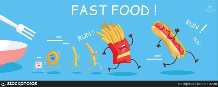 Fast Food Conceptual Banner. Happy Meal for Child. Fast food conceptual banner. Funny food products run from the plate. Fries, donuts, hot dog characters in cartoon style. Happy meal for children. For childish menu poster. Vector design illustration