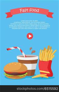 Fast food conceptual web banner. Flat style vector. Hamburger, cup of coffee, french fries Illustration with play button for restaurant online services, video presentation, corporate animation . Fast Food Conceptual Flat Style Vector Web Banner . Fast Food Conceptual Flat Style Vector Web Banner