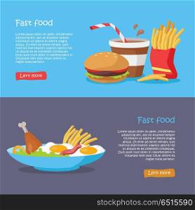 Fast food conceptual web banners. Flat style vectors. Set of illustrations with traditional junk food and play button for restaurant online services, video presentation, corporate animation . Fast Food Concept Flat Style Vector Web Banners . Fast Food Concept Flat Style Vector Web Banners