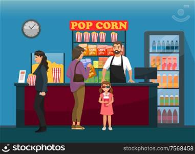 Fast food, customers near cinema bar with snacks vector. Popcorn and chips, soda and juice, mother and daughter in 3D glasses, movies hall, bartender. Customers near Cinema Bar with Snacks, Fast Food