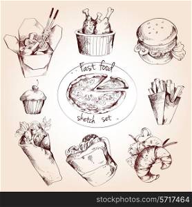 Fast food decorative sketch icons set of pizza spaghetti chicken hamburger isolated vector illustration
