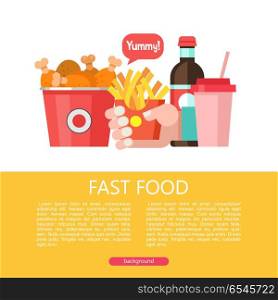Fast food. Delicious food. Vector illustration in flat style.. Fast food. Delicious food. Vector illustration in flat style. A set of popular fast food dishes. Bucket with fried chicken legs, French fries, drink and milkshake.