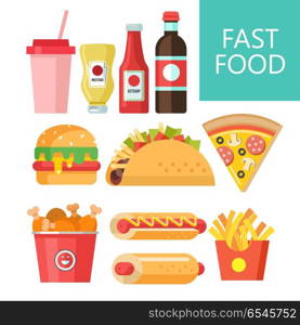 Fast food. Delicious food. Vector illustration in flat style.. Fast food. Delicious food. Vector illustration in flat style. A set of popular fast food dishes. Hot dog, hamburger, tacos, sausage, pizza, fried chicken. Mustard and ketchup. Drink and milkshake.