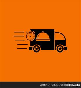 Fast Food Delivery Car Icon. Black on Orange Background. Vector Illustration.