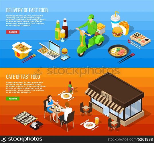 Fast Food Delivery Isometric Horizontal Banners. Fast food delivery and fast food cafe isometric horizontal banners with eating icons courier on moped and clients at table vector illustration