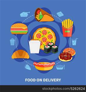 Fast Food Delivery Service Flat Poster. Fast food restaurant delivery service flat online menu poster with pizza burger donuts blue background vector illustration